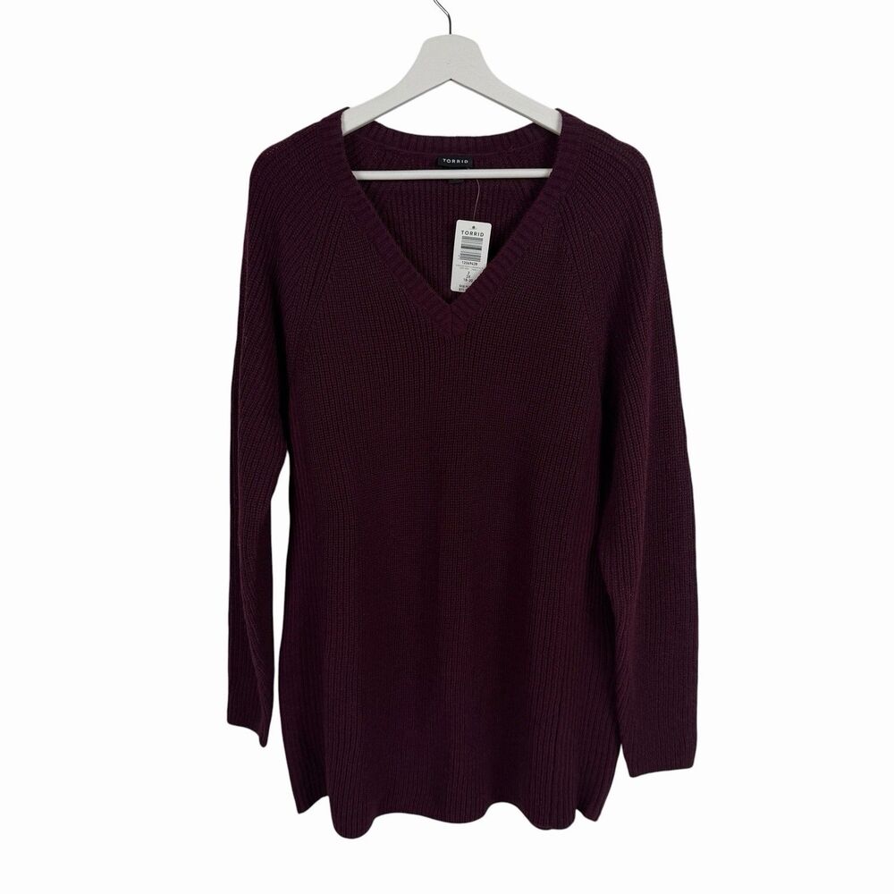 Torrid Sweater 2X Plus Burgundy V Neck Side Zip Ribbed Knit Pullover Raglan